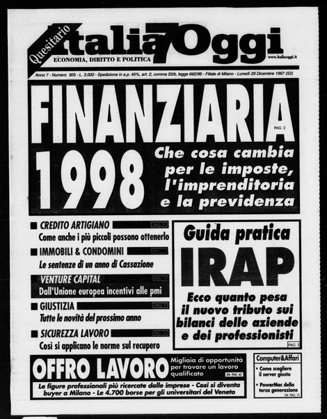 Italia oggi : quotidiano di economia finanza e politica